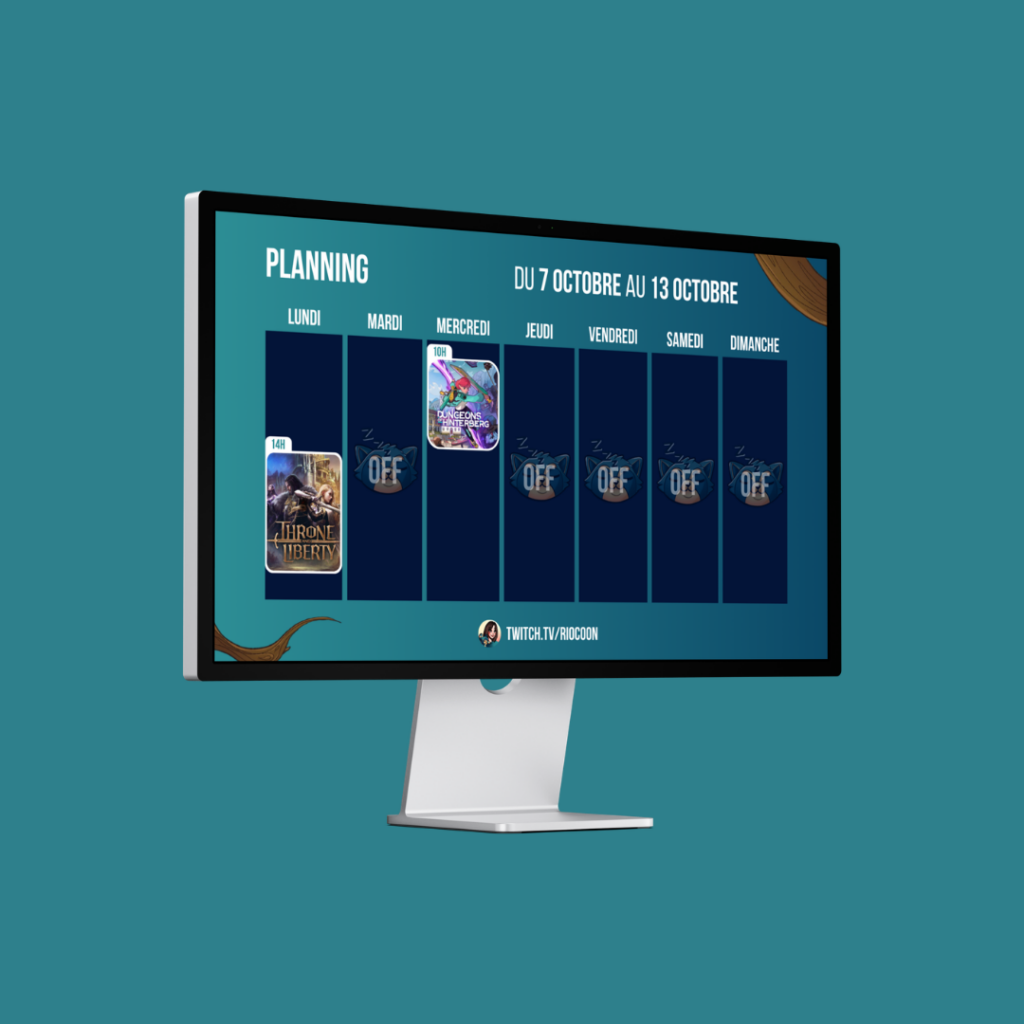 Une image avec un ordinateur qui présente le visuel du planning pour la chaine Twitch RioCooN.