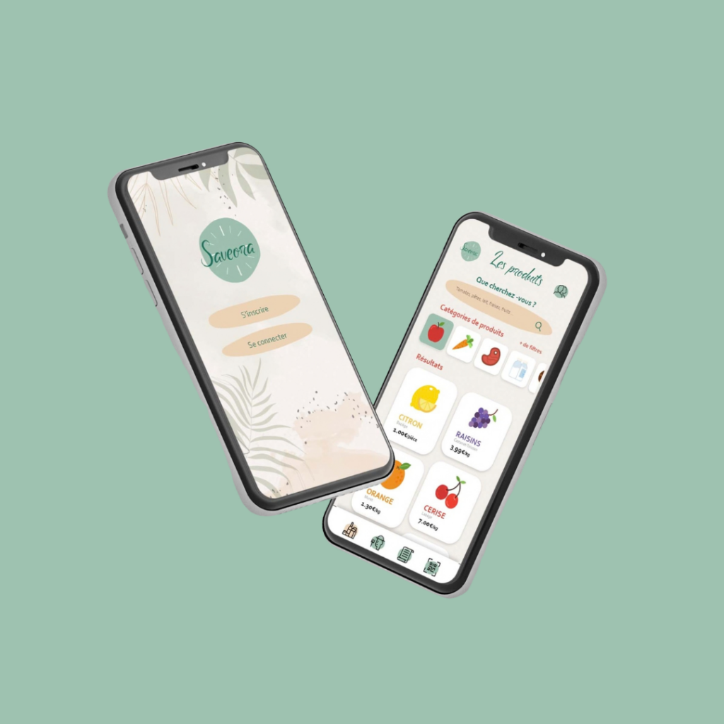 Deux téléphones qui présente l'interface de l'application Saveora.