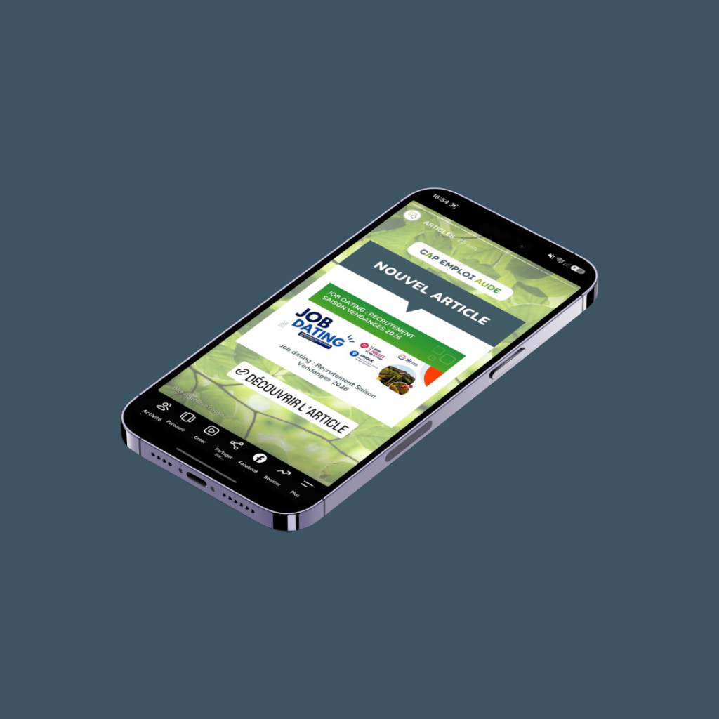 Une image avec un téléphone qui présente le visuel de story pour l'annonce d'un nouvel article pour Cap Emploi 11.