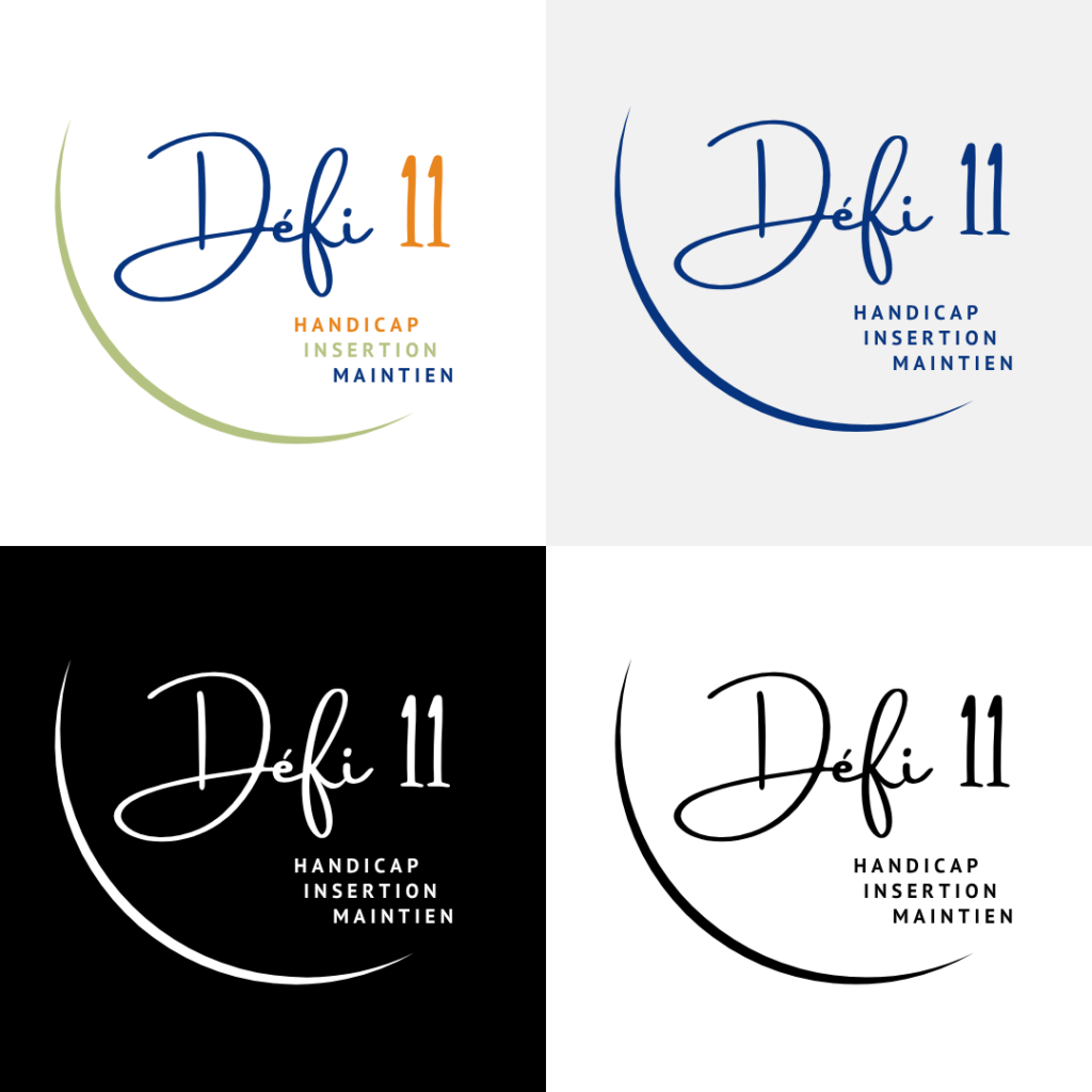 Une image avec quatre logos créés pour l'association Défi 11, le premier en couleur, le second en monochrome, le troisième en blanc et le quatrième en noir.