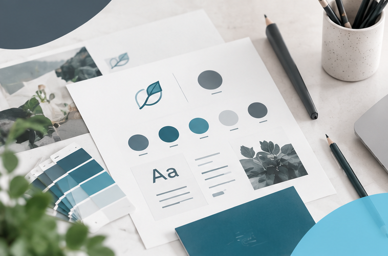 Une image pour illustrer l'article une fiche sur laquelle il y a une charte graphique, avec des couleurs, un logo et un image.