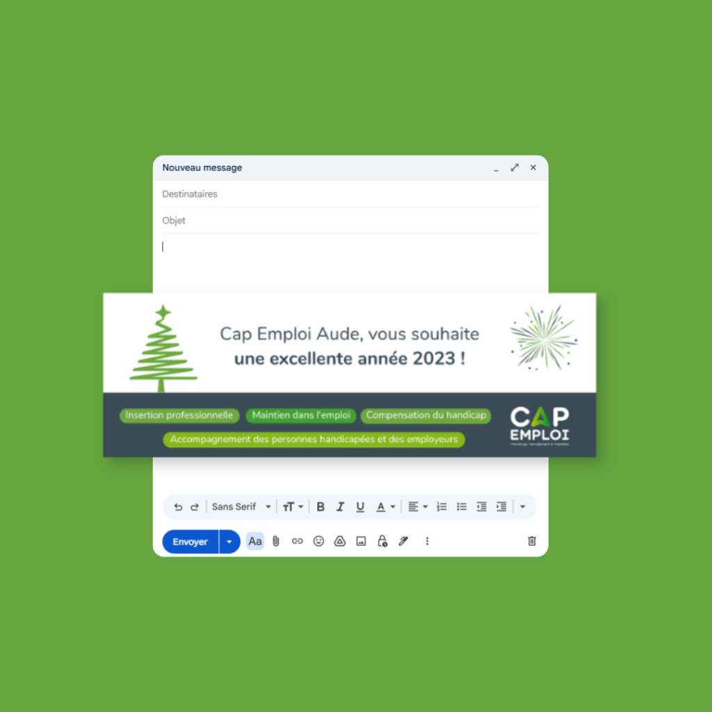 Une image qui présente une signature de mail créée pour Cap Emploi 11.