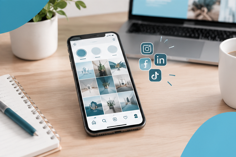 Une image pour illustrer l'article, avec un téléphone et les logos de d'Instagram, Facebook, LinkedIn et TikTok.
