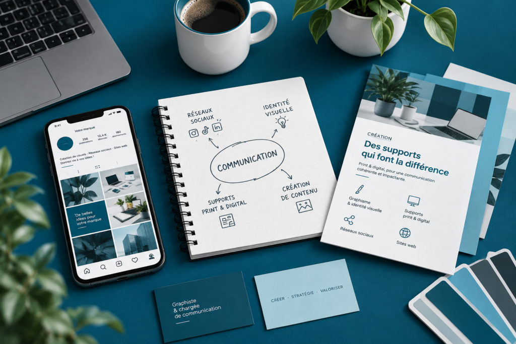 L'image présente ma prestations lié à la communication avec un téléphone qui affiche un profil Instagram, un livre avec un schéma qui énumère mes prestations et une affiche.