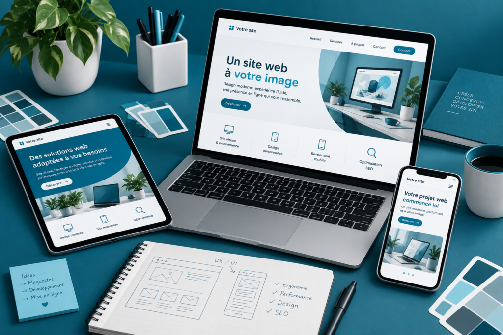 Une image qui présente ma prestation de web design, avec un ordinateur, une tablette et un téléphone et carnet de note.