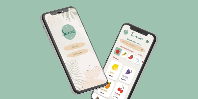 Une miniature qui illustre mon projet Saveora, avec deux téléphones qui montrent l'interface de l'application.