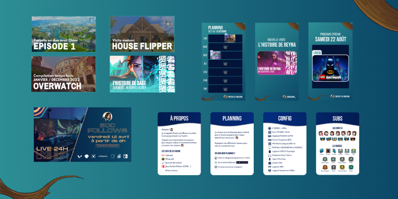 Une miniature qui présente différents visuels créé pour RioCooN, des miniatures YouTube, des stories Instagram, une affiche et des panneaux pour la chaine Twitch.