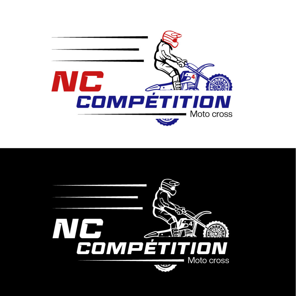 Deux logos créés pour NC Compétition, qui représente un personnage sur une motocross qui saute, avec écrit en dessous NC Compétition.