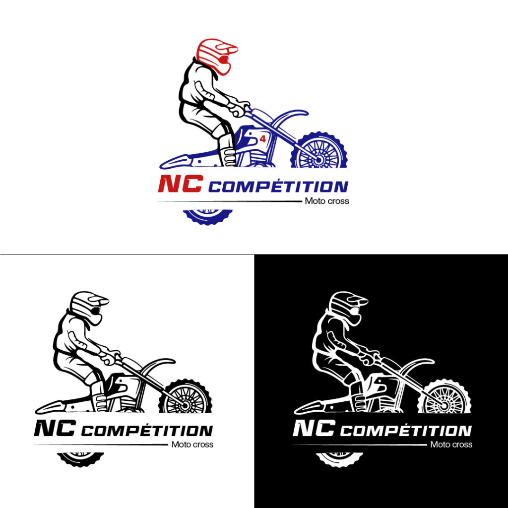 Trois logos créés pour NC Compétition, qui représente un personnage sur une motocross qui saute, avec écrit en dessous NC Compétition.