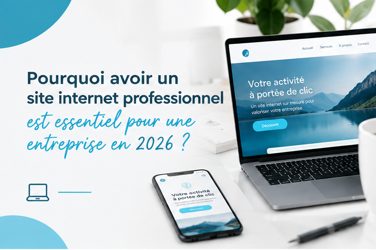 Une miniature d'article avec écrit le titre "Pourquoi avoir un site internet professionnel est essentiel pour une entreprise en 2026 ?" avec un téléphone et un ordinateur