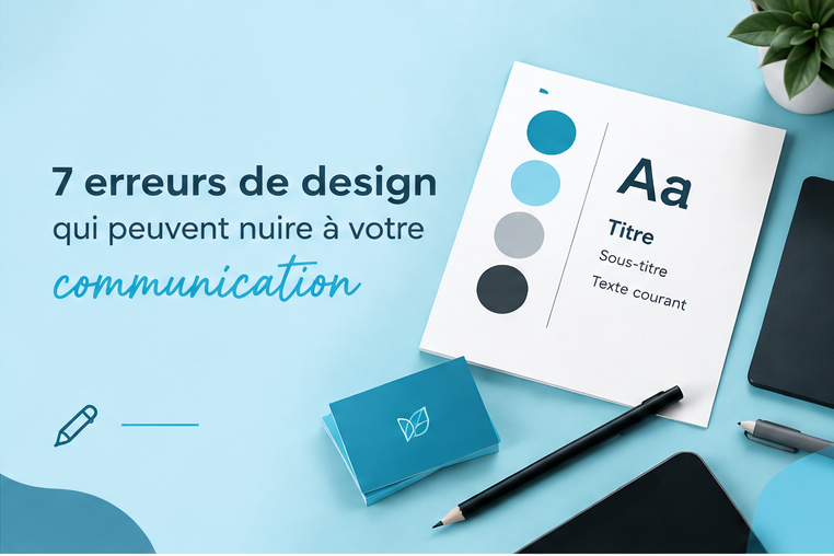 Une miniature d'article avec écrit le titre "7 erreurs de design qui peuvent nuire à votre communication" avec un fiche avec des couleurs et des typographie, des cartes de visite et un stylo.