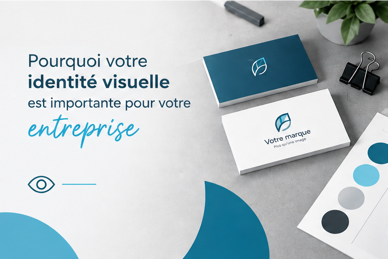 Une miniature d'article avec écrit le titre "Pourquoi votre identité visuelle est importante pour votre entreprise" avec des cartes de visites.