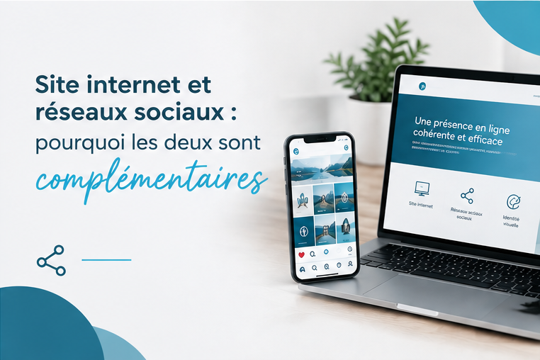 Une miniature d'article avec écrit le titre "Site internet et réseaux sociaux : pourquoi les deux sont complémentaires" avec un ordinateur et un téléphone.