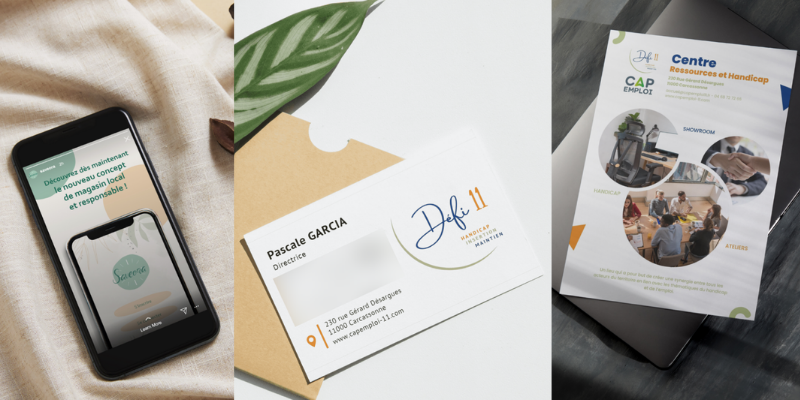 Une miniature qui présente trois projets de supports de communication, une story Instagram, une carte de visite et une affiche.